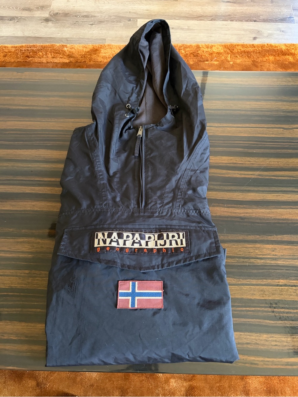 Napapijri Navy Hooded Pullover with Flag Patch and Front Logo Kangaroo pocket